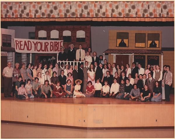 The cast and crew onstage in 1976